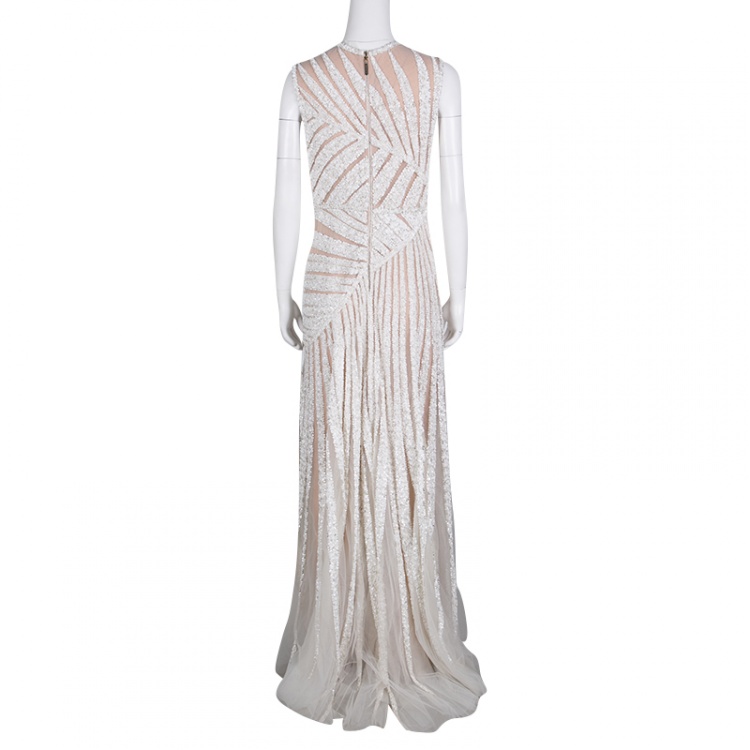 Pre Owned Elie Saab Ivory Palm Leaf Pattern Embellished Sleeveless Tulle Gown S