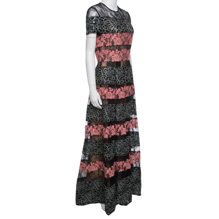 Pre Owned Elie Saab Black and Salmon Pink Paneled Floral Embroidered Tulle Gown S