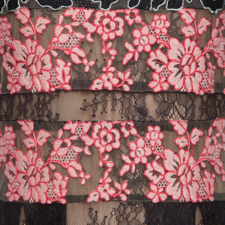 Pre Owned Elie Saab Black and Salmon Pink Paneled Floral Embroidered Tulle Gown S