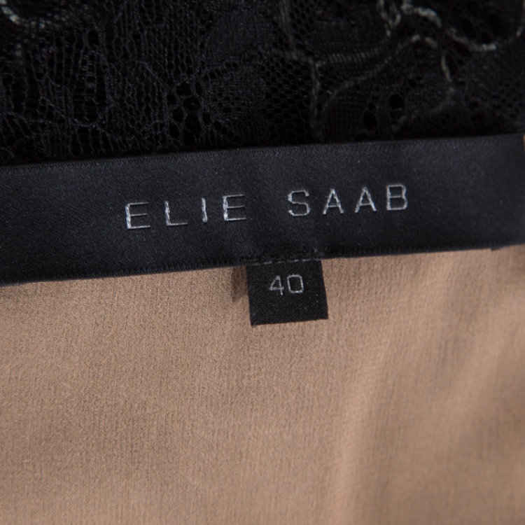 Pre Owned Elie Saab Black and Salmon Pink Paneled Floral Embroidered Tulle Gown S