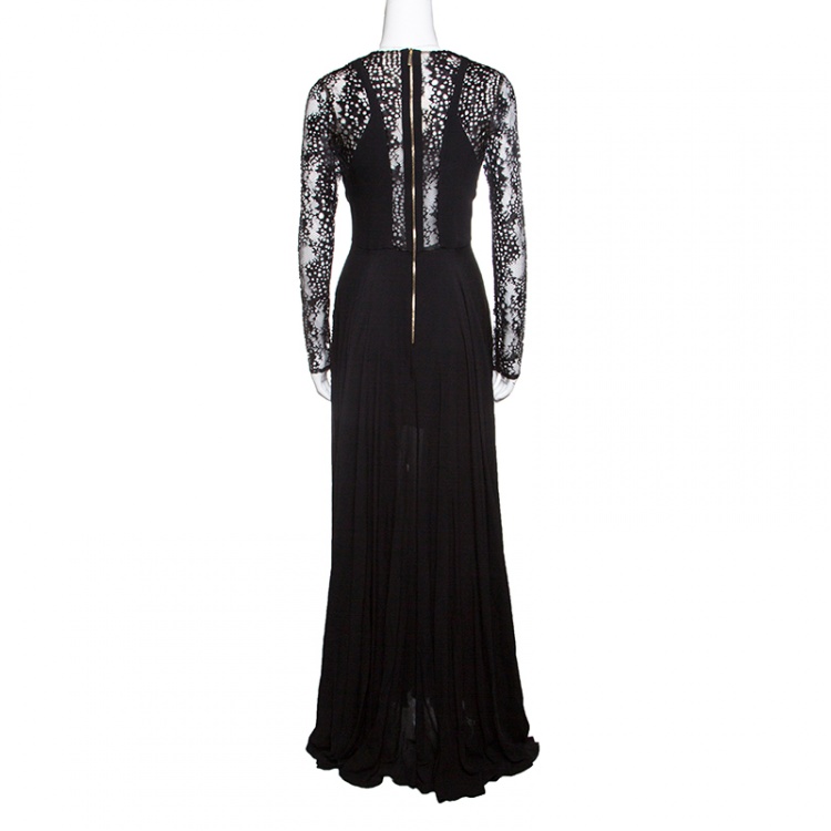 Pre Owned Elie Saab Black Lace Paneled Plunge Neck Long Sleeve Gown M