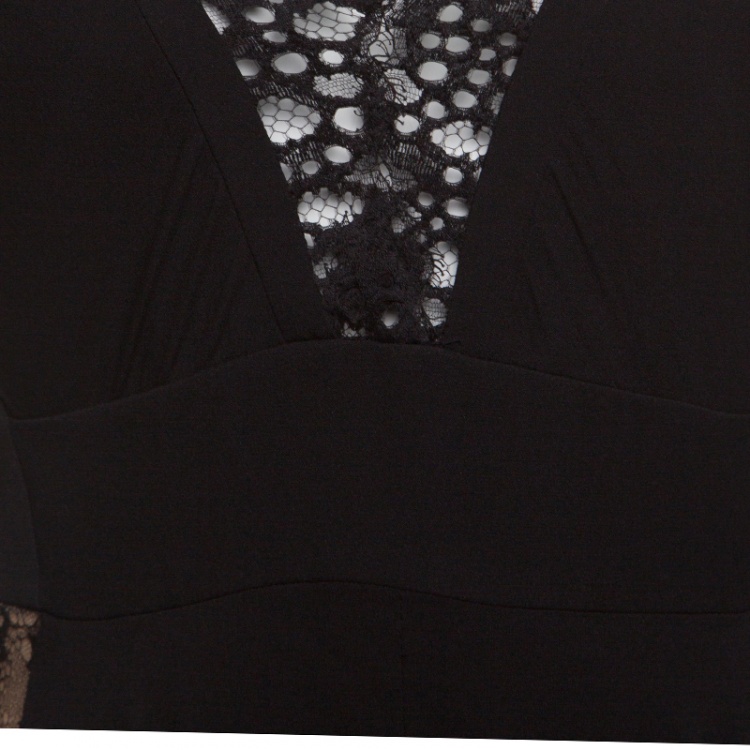 Pre Owned Elie Saab Black Lace Paneled Plunge Neck Long Sleeve Gown M