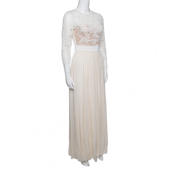 Pre Owned Elie Saab Cream Floral Embroidered Lace Silk Chiffon Gown S