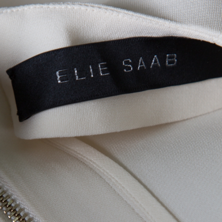 مملوكة مسبقًا Elie Saab Off White Ladder Lace Ruffled Sleeve Slit Detail Dress S