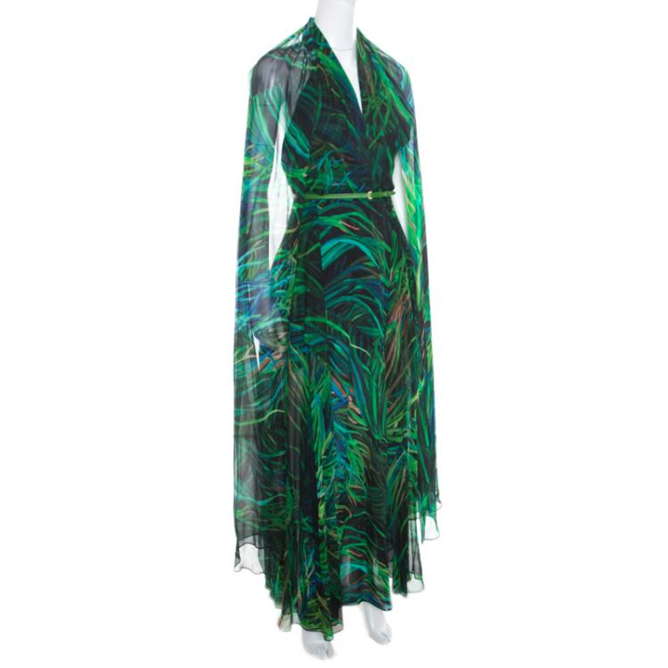 Pre Owned Elie Saab Green Palm Printed Silk Overlap Neckline Detail Cape Style Maxi Dress XS