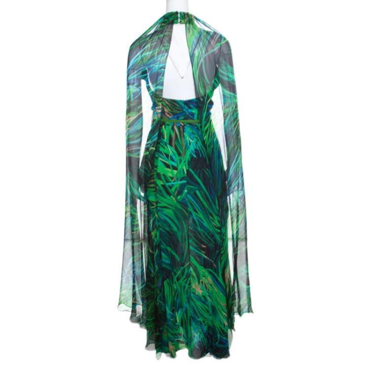 Pre Owned Elie Saab Green Palm Printed Silk Overlap Neckline Detail Cape Style Maxi Dress XS
