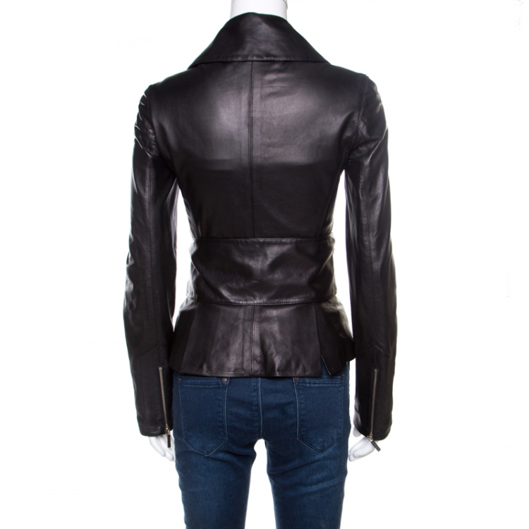 Pre Owned Elie Saab Black Lamb Leather Waist Tie Detail Biker Jacket S