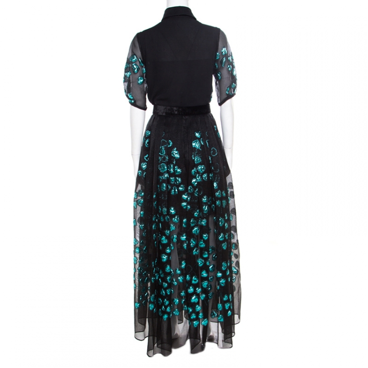 Pre Owned Elie Saab Black and Blue Lurex Heart Patterned Skirt and Blouse Set S