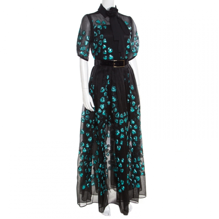 Pre Owned Elie Saab Black and Blue Lurex Heart Patterned Skirt and Blouse Set S