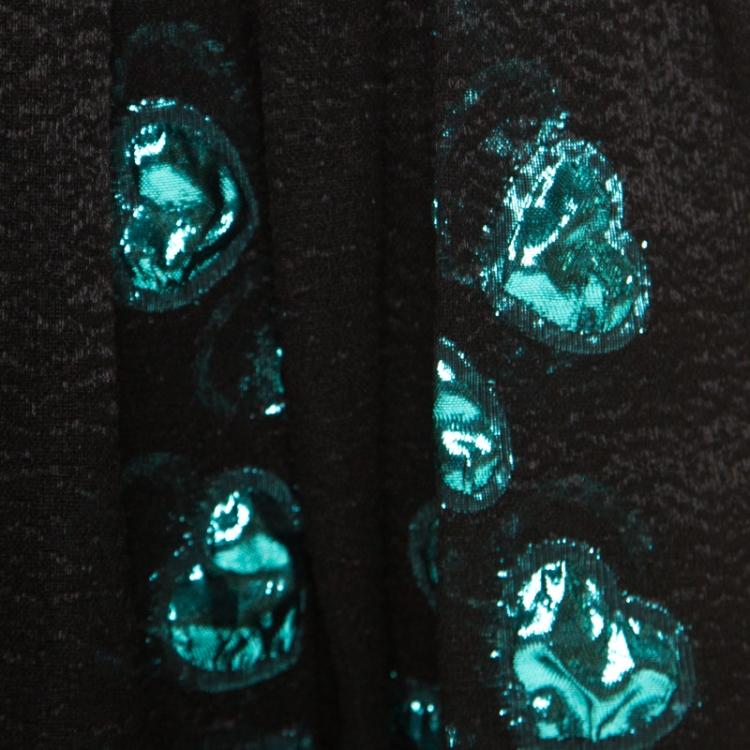 Pre Owned Elie Saab Black and Blue Lurex Heart Patterned Skirt and Blouse Set S