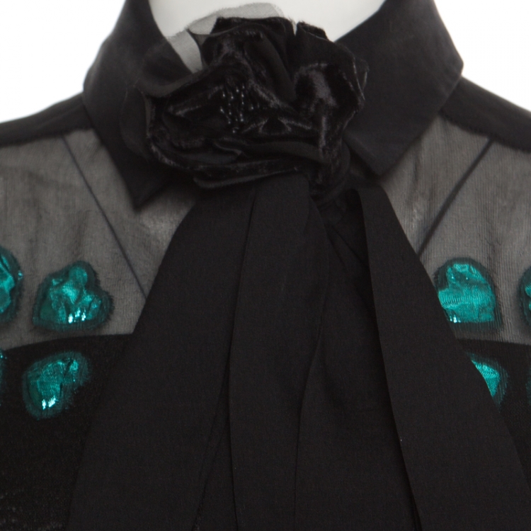 Pre Owned Elie Saab Black and Blue Lurex Heart Patterned Skirt and Blouse Set S
