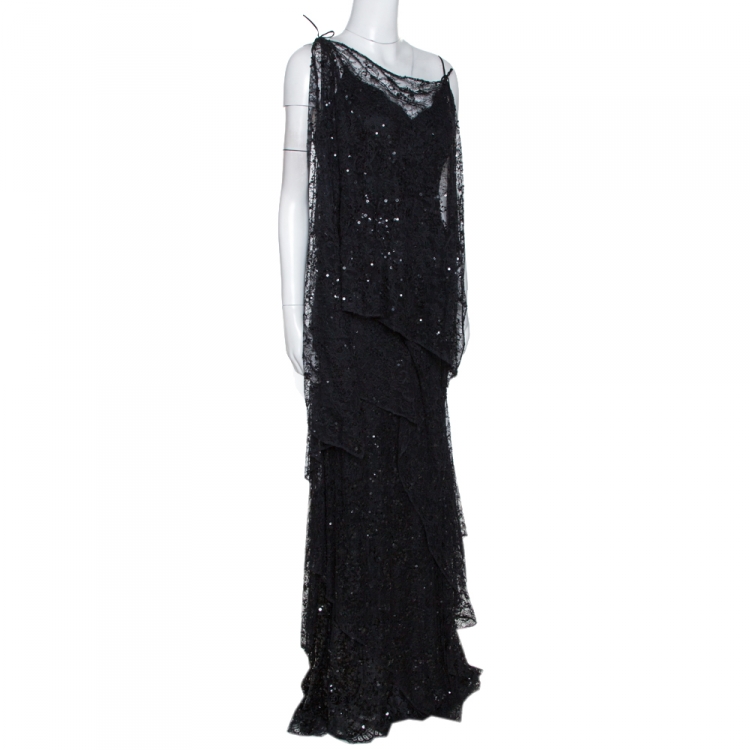 Pre Owned Elie Saab Vintage Black Lace Sequin Embellished Layered Gown S