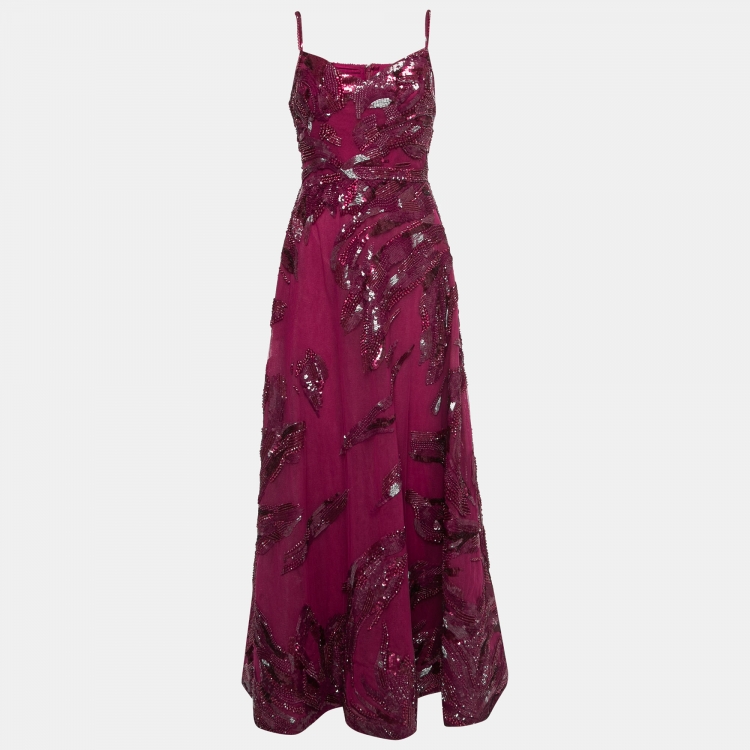 Pre Owned Elie Saab Red Sequin Embellished Tulle Gown S