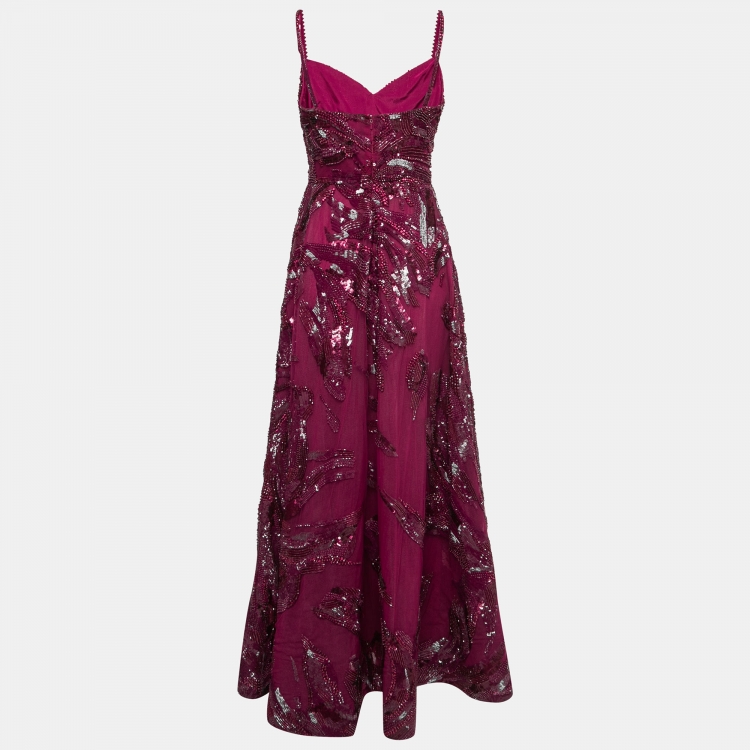 Pre Owned Elie Saab Red Sequin Embellished Tulle Gown S