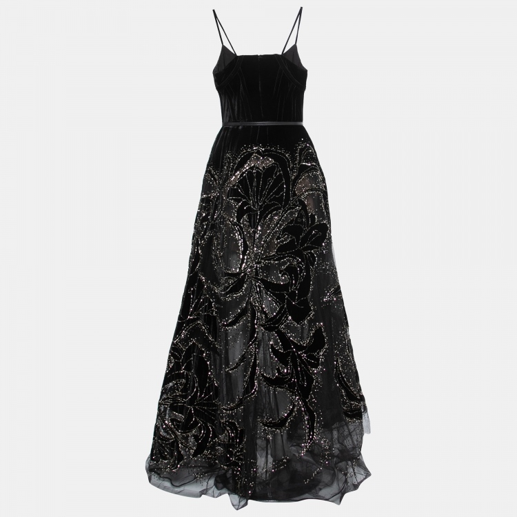 Pre Owned Elie Saab Black Sequin Embellished Velvet and Tulle Strap Gown S
