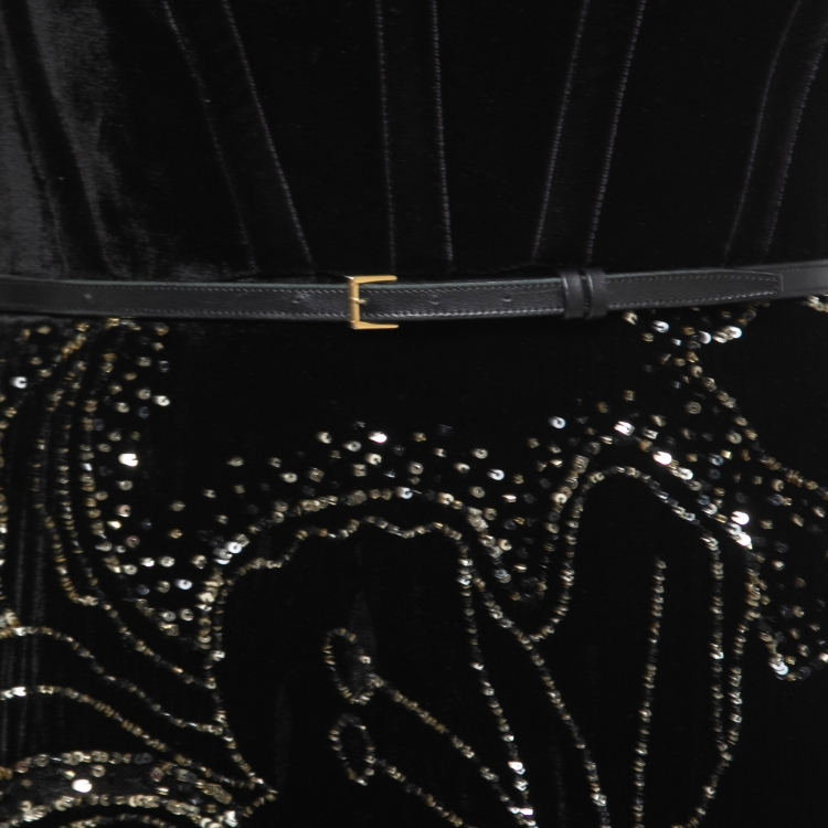 Pre Owned Elie Saab Black Sequin Embellished Velvet and Tulle Strap Gown S