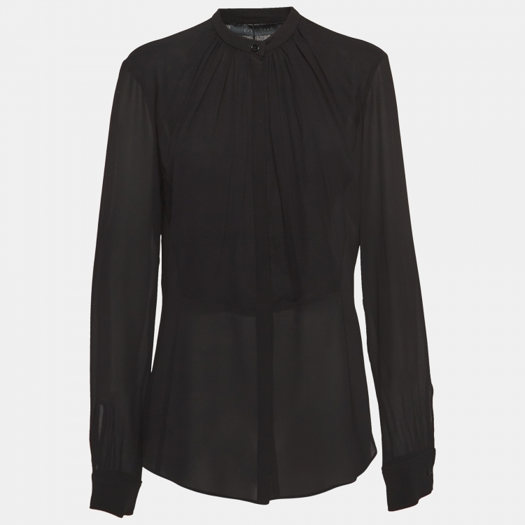 Pre Owned Elie Saab Black Crepe Silk Buttoned Blouse L