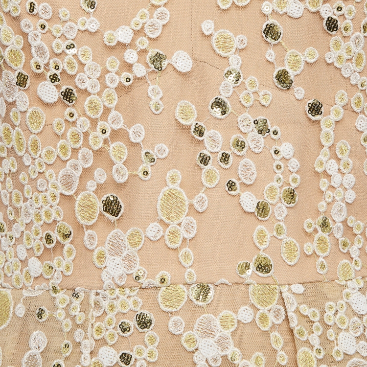 Pre Owned Elie Saab Embroidered Mesh Beige Gown S