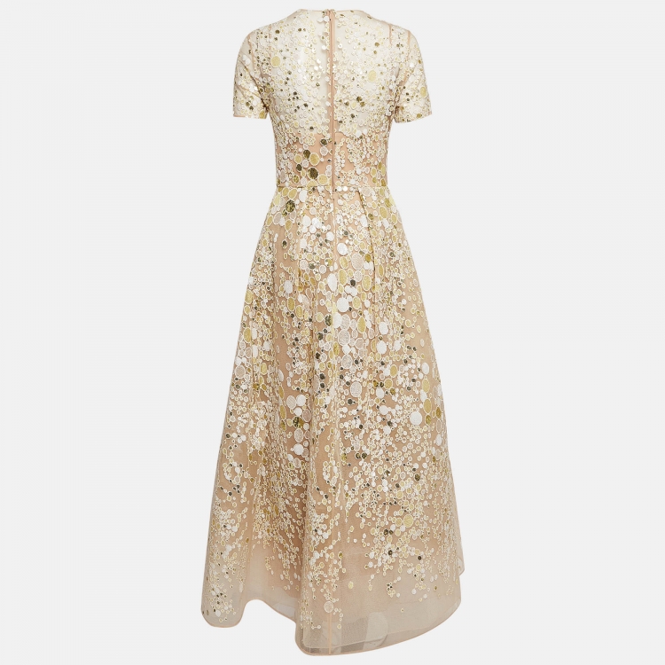 Pre Owned Elie Saab Embroidered Mesh Beige Gown S