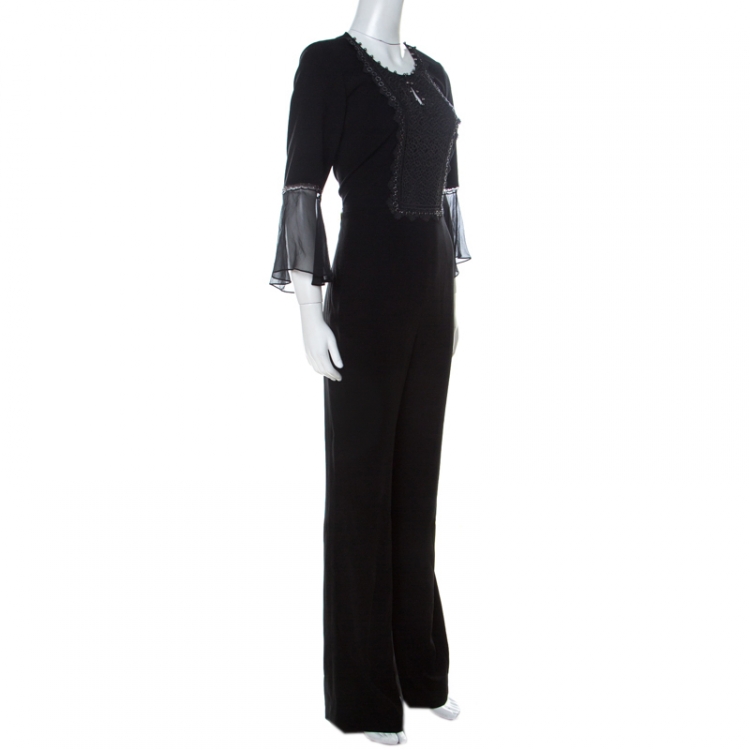 Pre Owned Elie Tahari Black Crepe Chain Bead Embellished Bell Sleeve Jumpsuit M