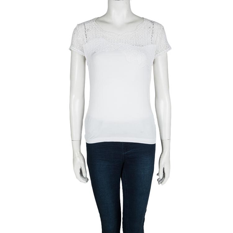Pre Owned Elie Tahari White Jersey Asymmetric Lace Trim T-Shirt S