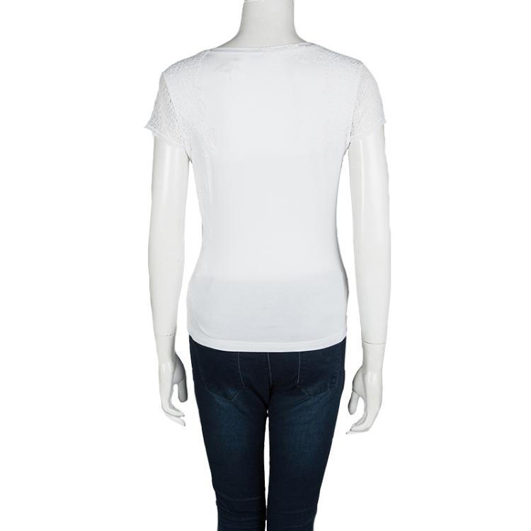Pre Owned Elie Tahari White Jersey Asymmetric Lace Trim T-Shirt S