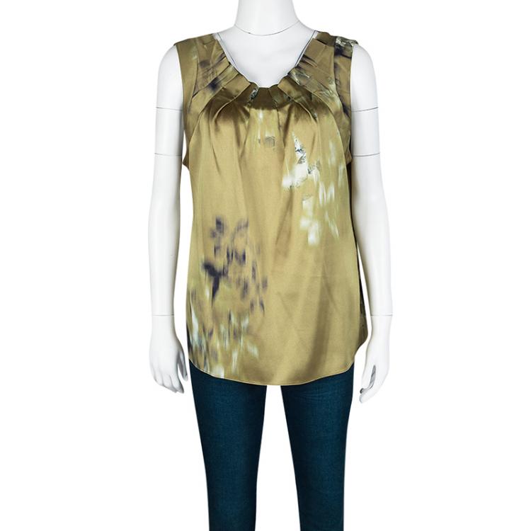 Pre Owned Elie Tahari Gold Digital Floral Printed Silk Sleeveless Top L