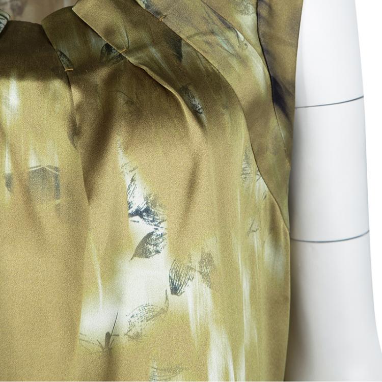 Pre Owned Elie Tahari Gold Digital Floral Printed Silk Sleeveless Top L