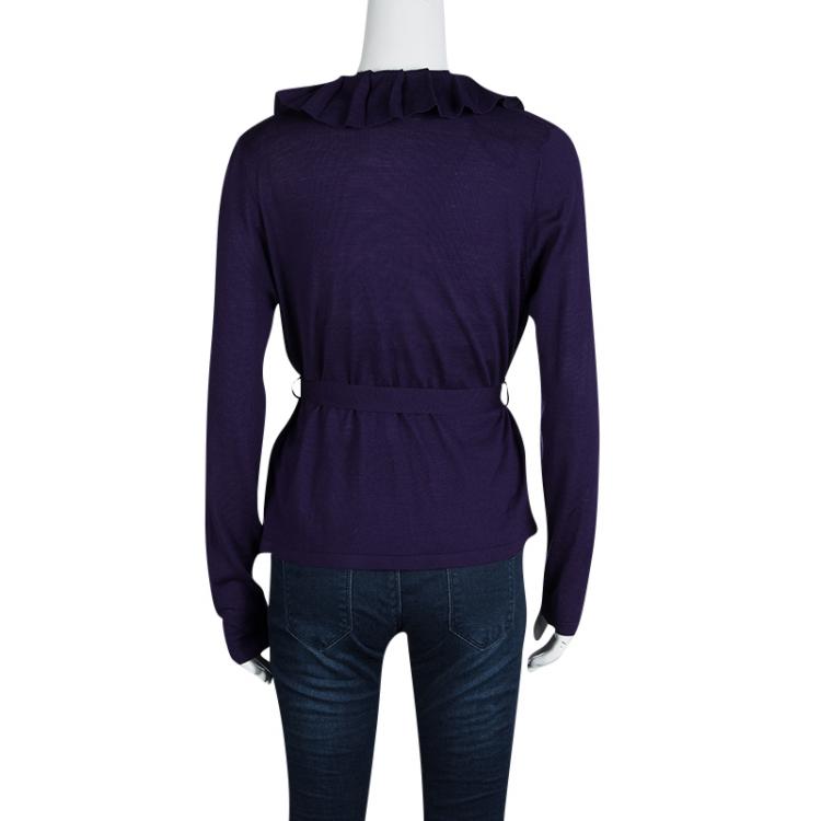 Pre Owned Elie Tahari Purple Merino Wool Jessica Wrap Cardigan L