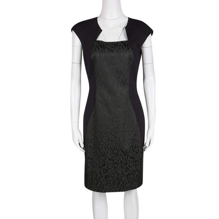 Pre Owned Elie Tahari Black Contrast Animal Jacquard Panel Cap Sleeve Dress S