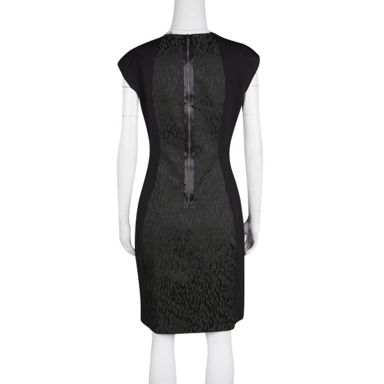 Pre Owned Elie Tahari Black Contrast Animal Jacquard Panel Cap Sleeve Dress S