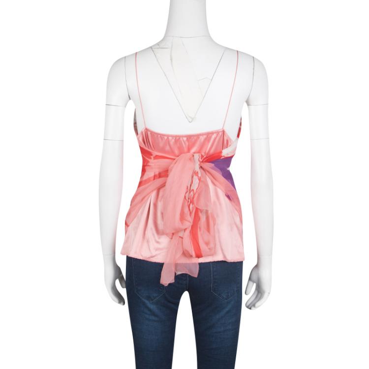 Pre Owned Elie Tahari Multicolor Printed Draped Silk Tie Detail Sleeveless Top S