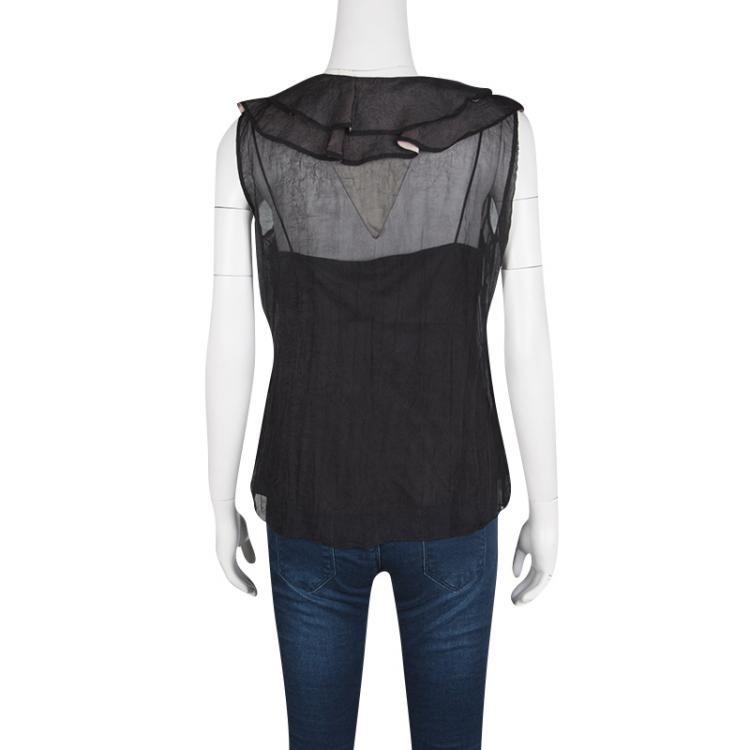 Pre Owned Elie Tahari Black Silk Contrast Ruffle Detail Sleeveless Top S
