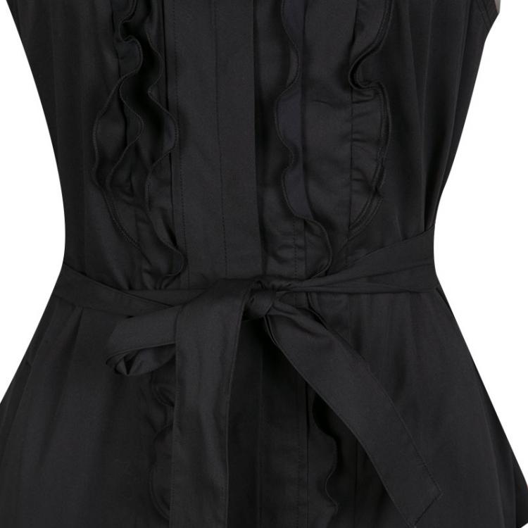Pre Owned Elie Tahari Black Ruffle Detail Belted Sleeveless Martha Dress L