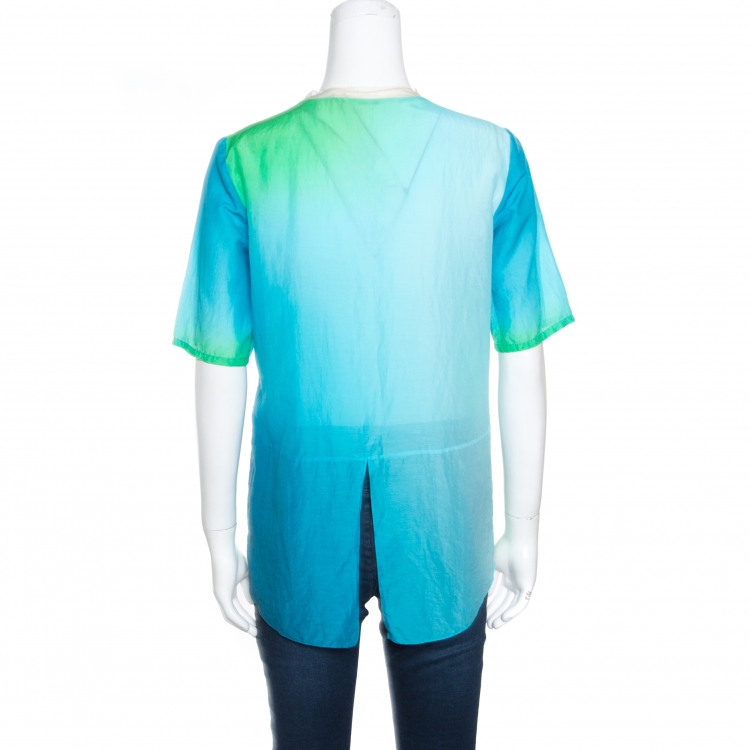 Pre Owned Elie Tahari Blue and Green Ombre Mandarin Collar Alejandra Blouse XS