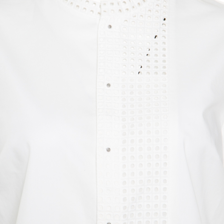 Pre Owned Elie Tahari White Eyelet Panel Insert Long Sleeve Blouse S
