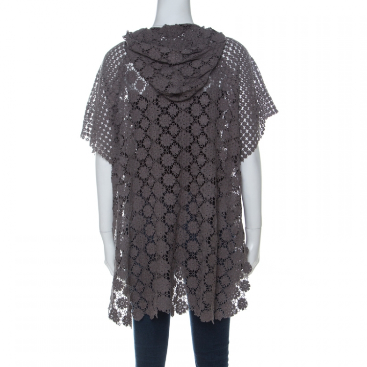 Pre Owned Elie Tahari Grey Cotton Floral Crochet Hooded Zip Up Jacket L