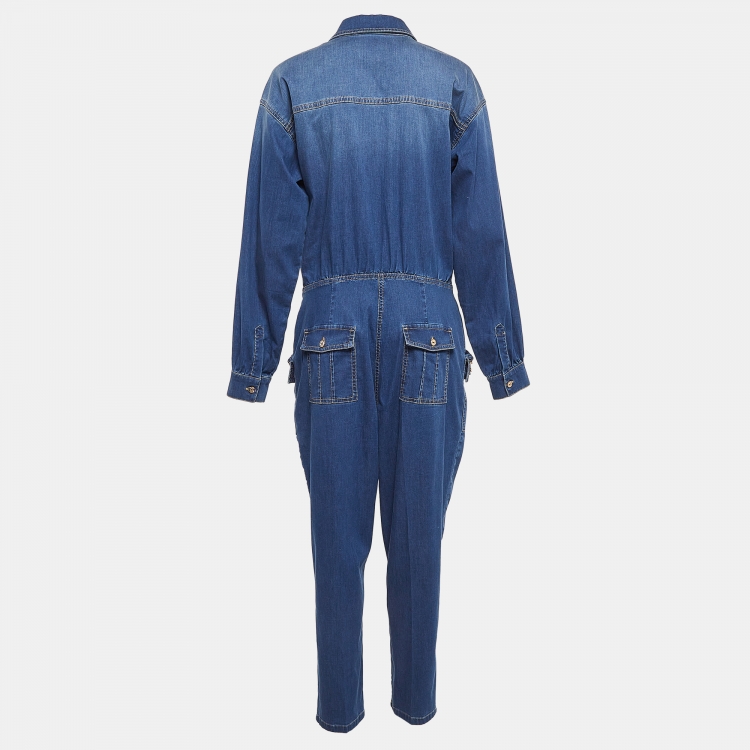 Pre Owned Elisabetta Franchi Blue Washed Denim Chain Embellished Jumpsuit L