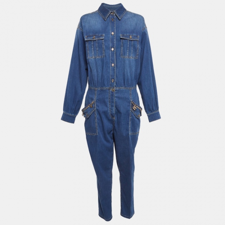 Pre Owned Elisabetta Franchi Blue Washed Denim Chain Embellished Jumpsuit L