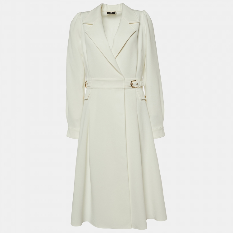 Pre Owned Elisabetta Franchi White Crepe Faux Wrap Coat Midi Dress M