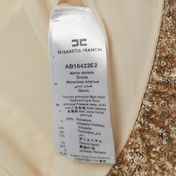 Pre Owned Elisabetta Franchi Gold Sequin Ruched One Shoulder Gown M