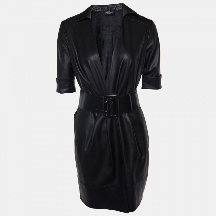 Pre Owned Elisabetta Franchi Black Faux Leather Belted Wrap Dress S