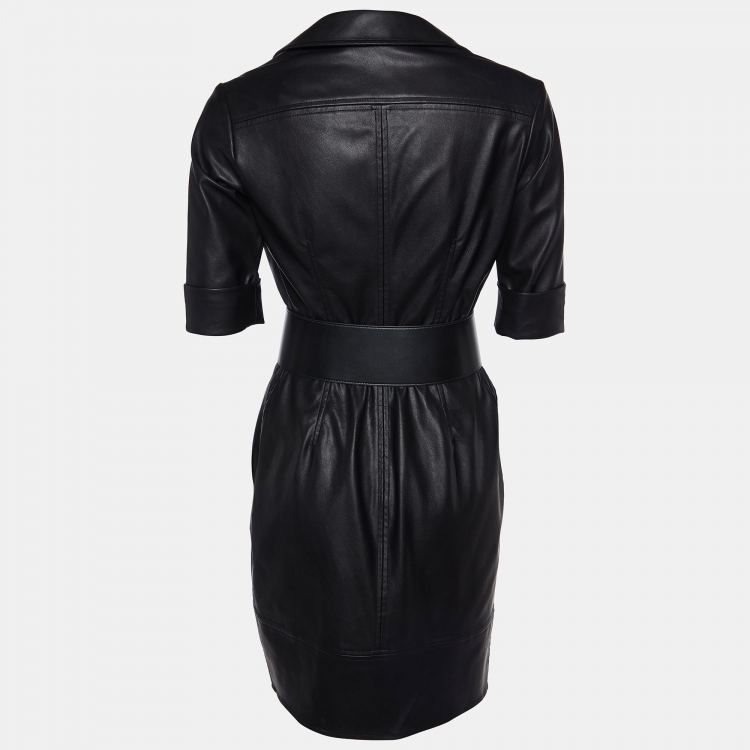 Pre Owned Elisabetta Franchi Black Faux Leather Belted Wrap Dress S