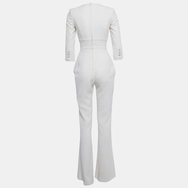 Pre Owned Elisabetta Franchi White Crepe V-Neck Jumpsuit S