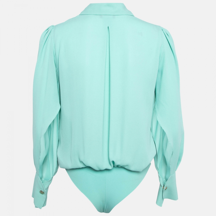 Pre Owned Elisabetta Franchi Blue Chiffon Crossover Bodysuit Shirt M