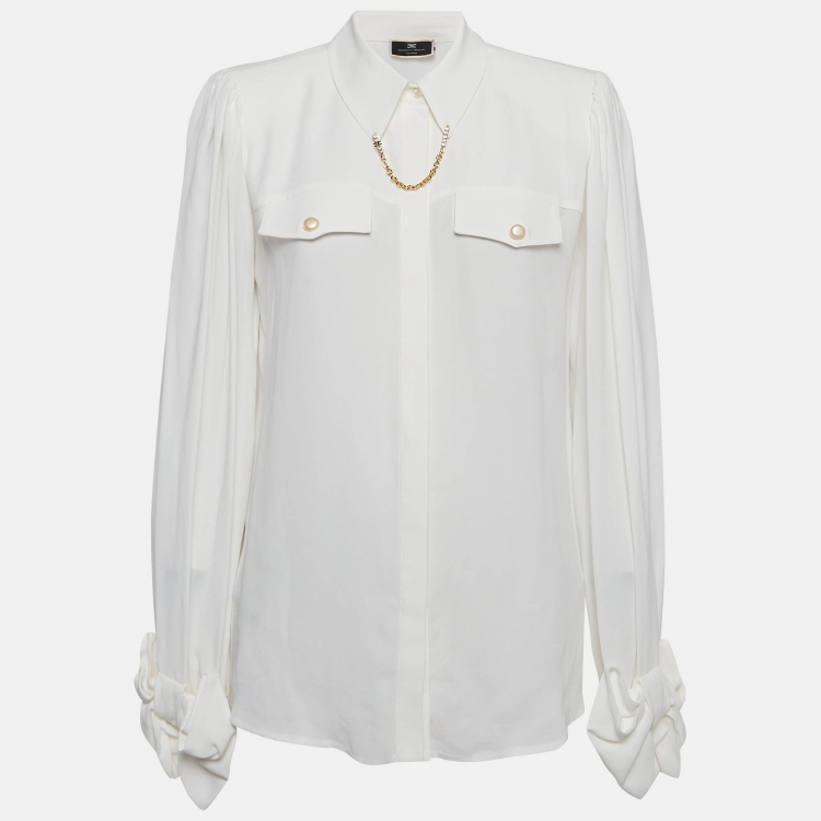 Pre Owned Elisabetta Franchi White Crepe Blouse L