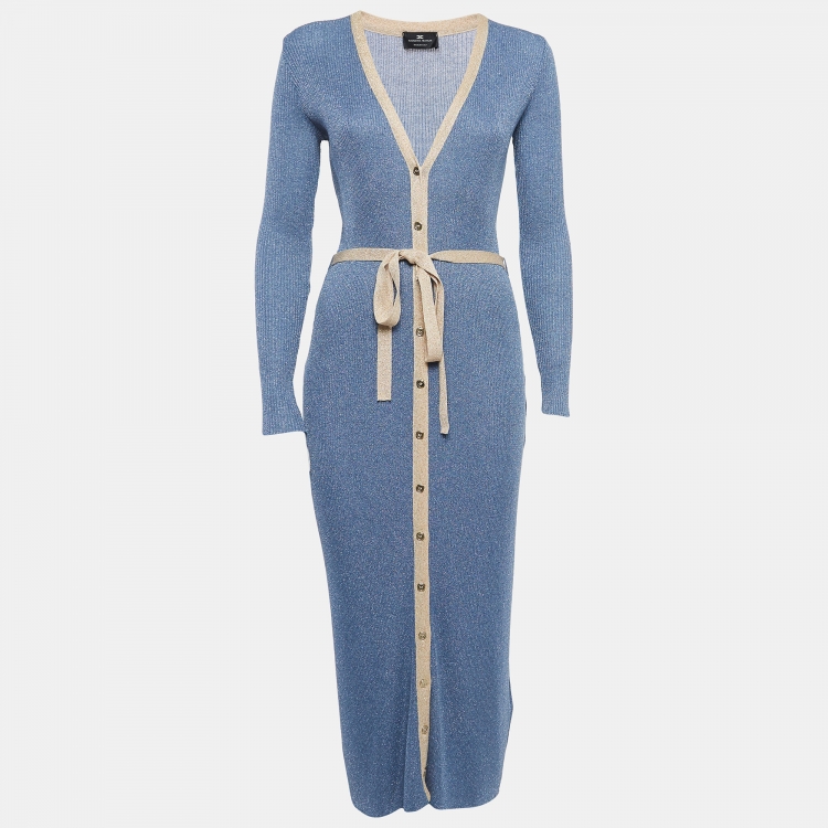 Pre Owned Elisabetta Franchi Blue Lurex Knit Buttoned Long Dress M