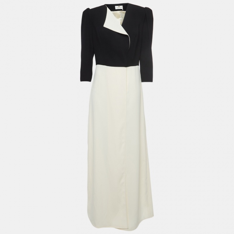 Pre Owned Elisabetta Franchi Cream and Black Crepe Front Open Maxi Dress L