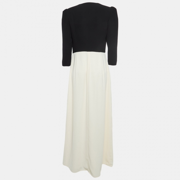 Pre Owned Elisabetta Franchi Cream and Black Crepe Front Open Maxi Dress L
