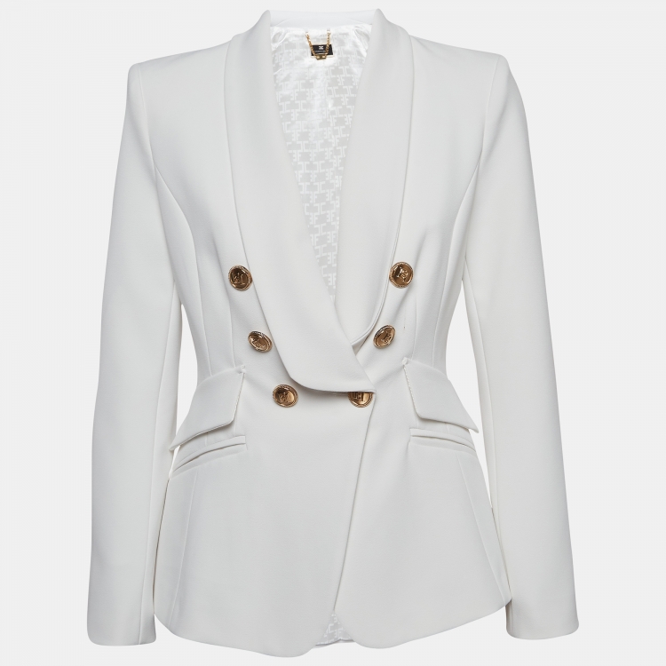 Pre Owned Elisabetta Franchi White Crepe Double Breasted Blazer M